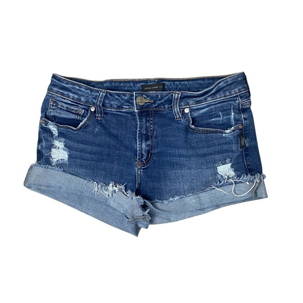 Silver Jeans Co Suki Mid Rise Denim Shorts Distressed Cuffed Stretch Blue W32